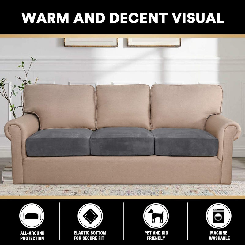 PrinceDeco Stretch Sofa Cushion Covers for Couches and Sofas,Soft Velvet Couch Seat Covers, Sofa Covers Washable, Seat Cushion Cover for 3 Couch Sofa Pet Friendly - Grey, Each Width Up to 29.5" - Image 3